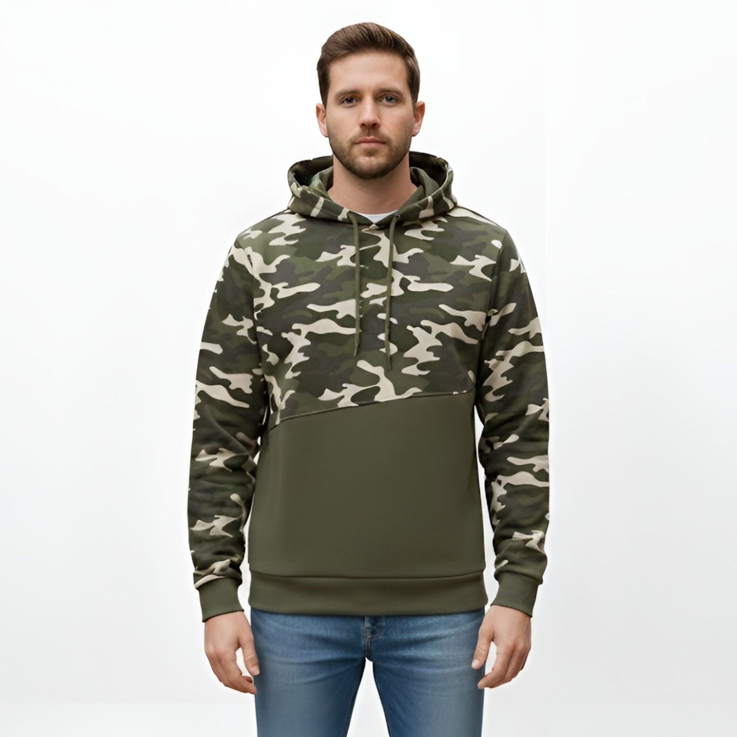 Men's Camo Colorblock Hoodie – Olive Green Cotton