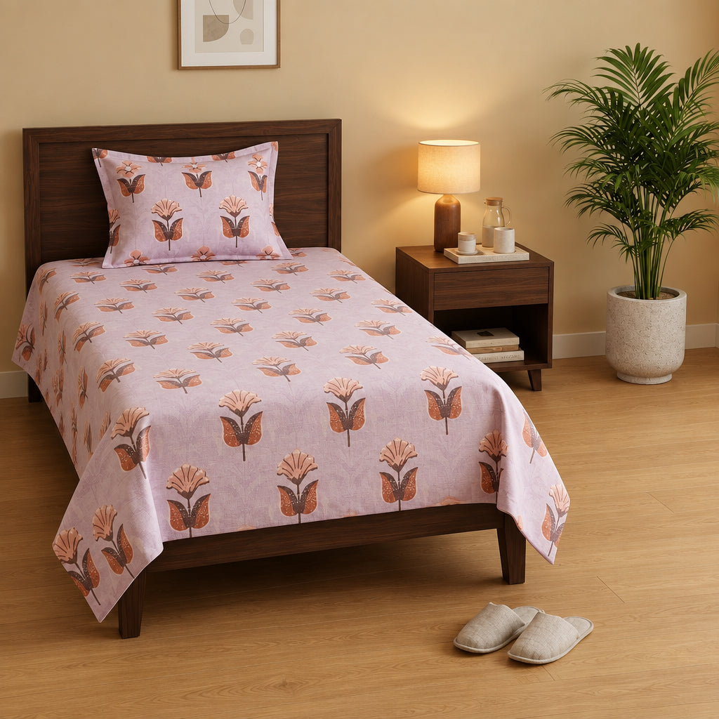 Blush pink bedsheet with repeating brown and rose floral motifs and a coordinating pillow on a wooden bed.