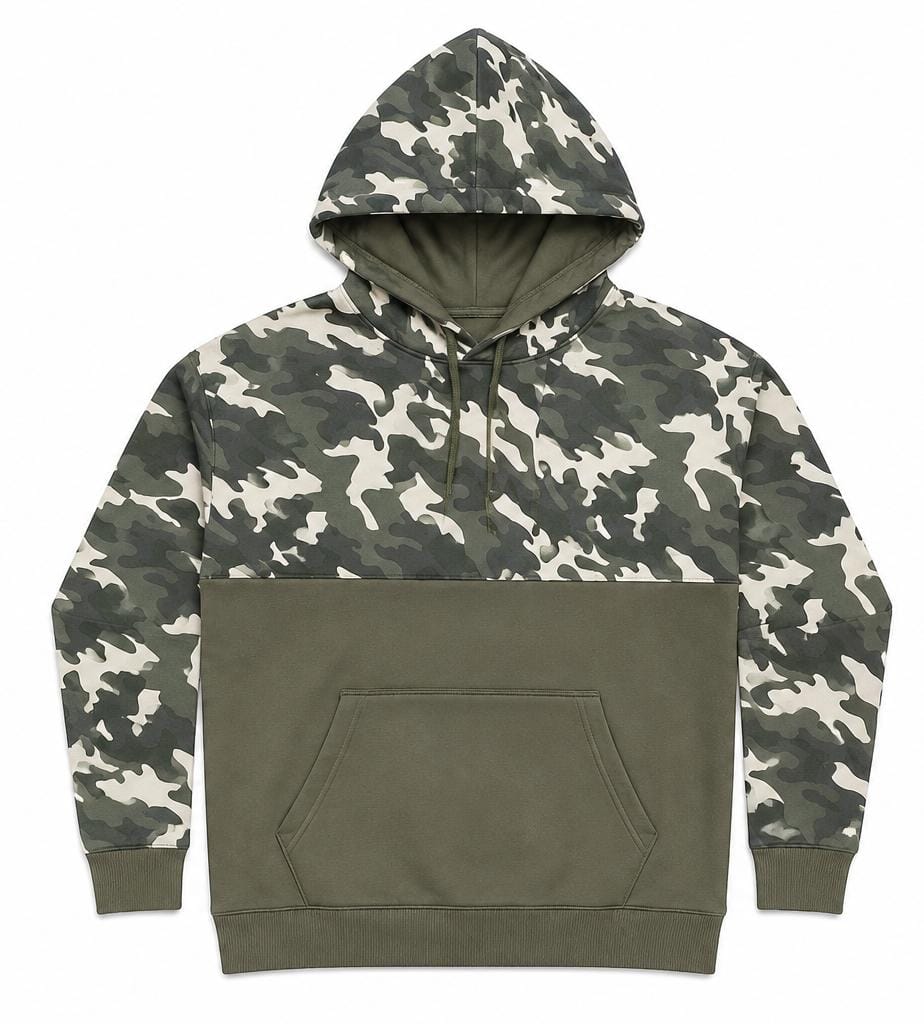 Camo Colorblock Hoodie – Olive Green & Grey Cotton