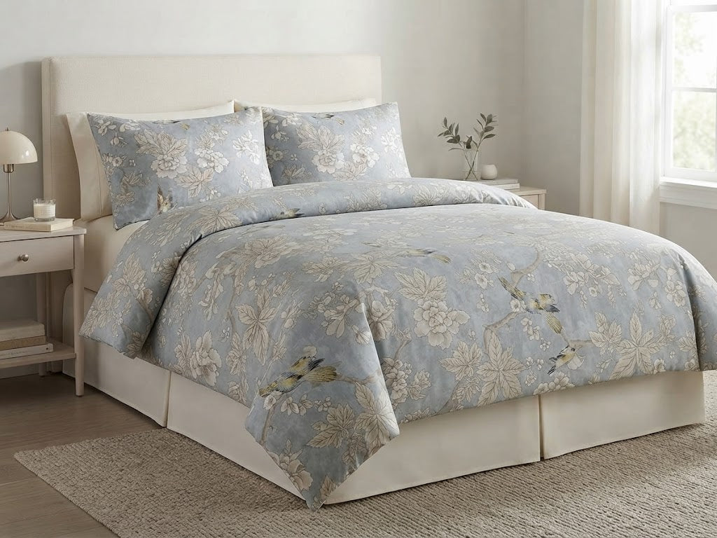 Blue Grey Floral & Bird Comforter - 100% Cotton Fabric