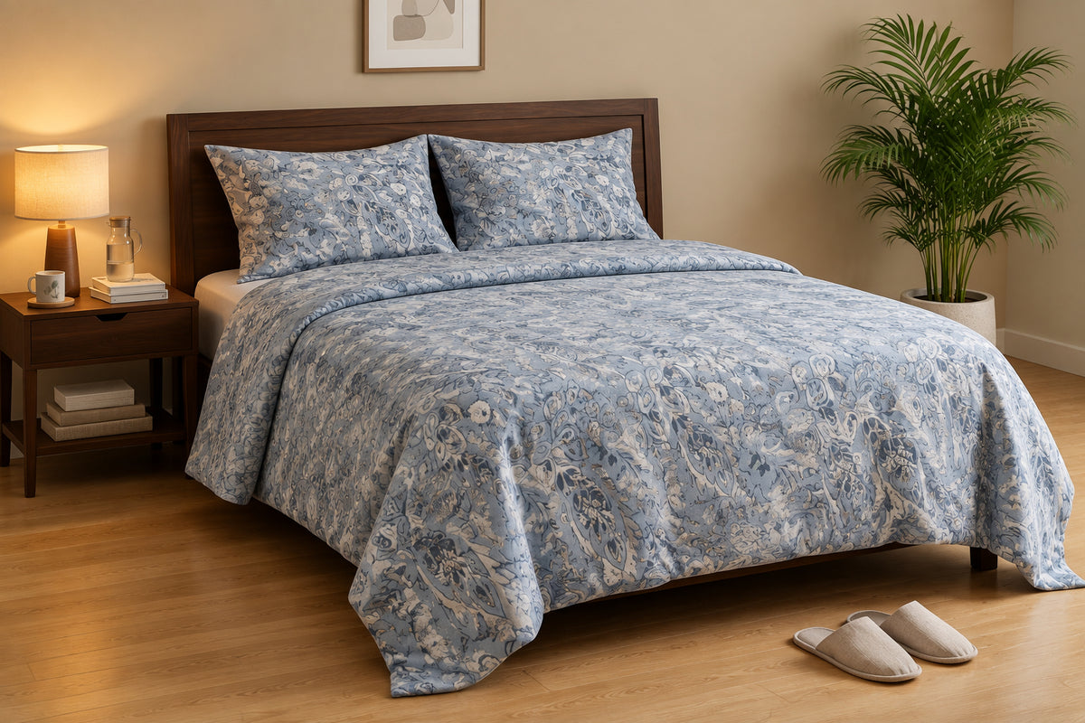 Blue-Grey Paisley Printed Bedsheet - 100% Cotton