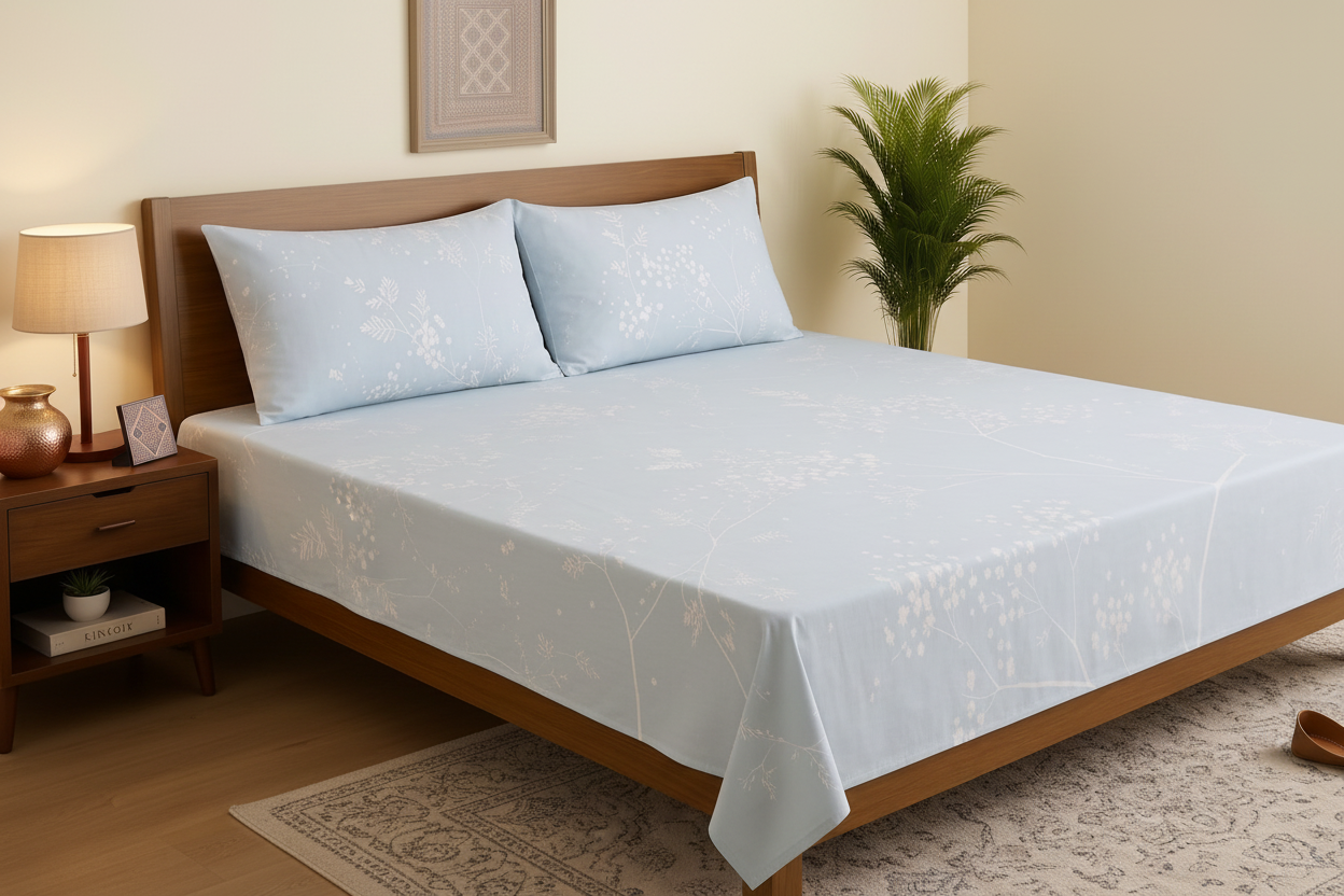 Powder Blue Cherry Blossom Printed Bedsheet Set with 2 Pillowcases 100% Cotton