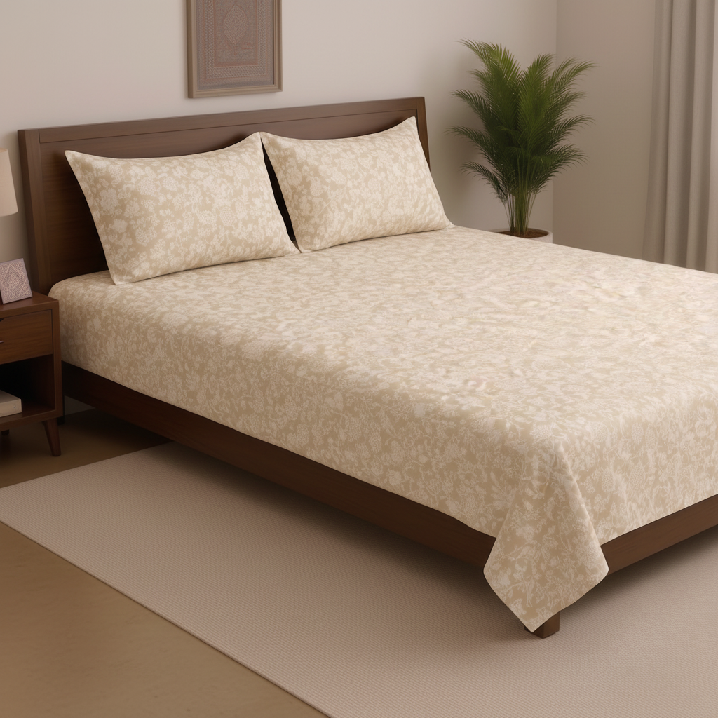 Ivory Floral Damask Printed Bedsheet Set with 2 Pillowcases 100% Cotton
