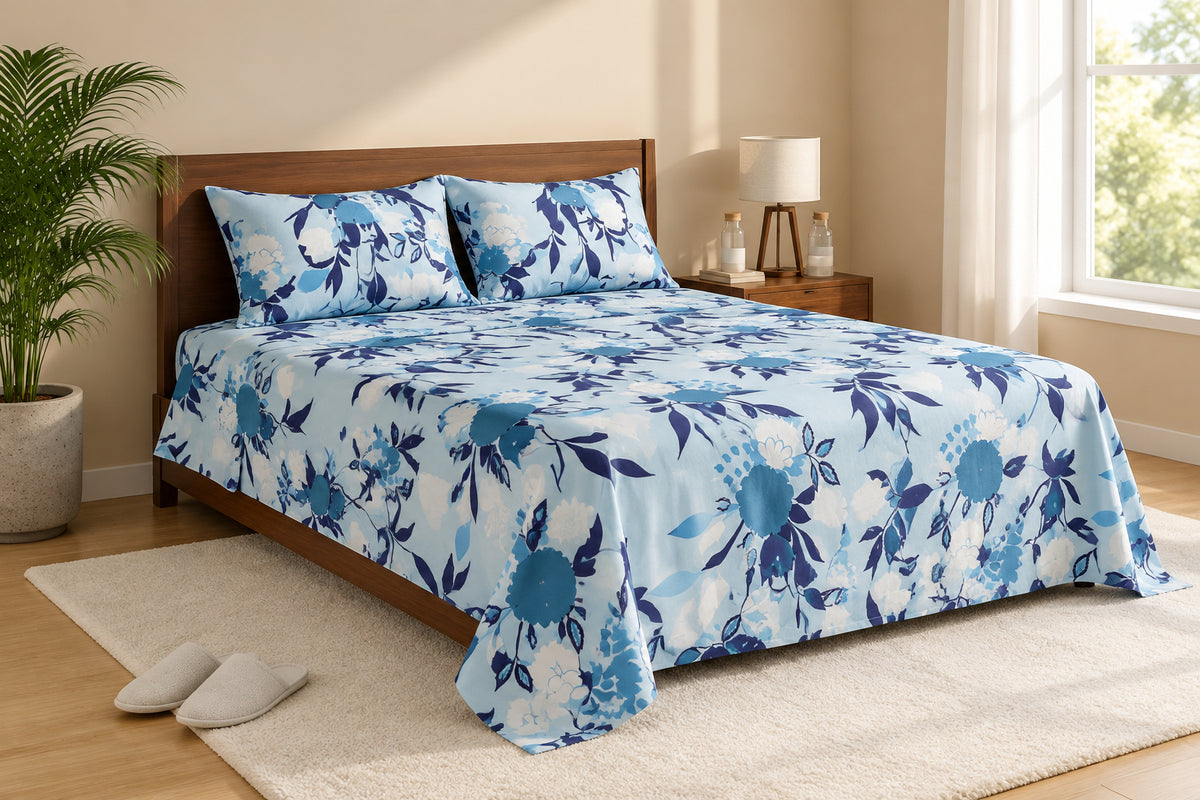 Light Blue & Navy Floral Bedsheet - 100% Cotton
