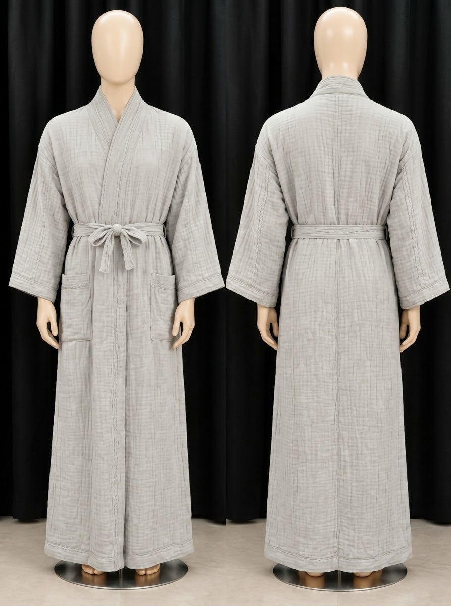 Light Gray Full-Length Wrap Robe with Belt & Pockets