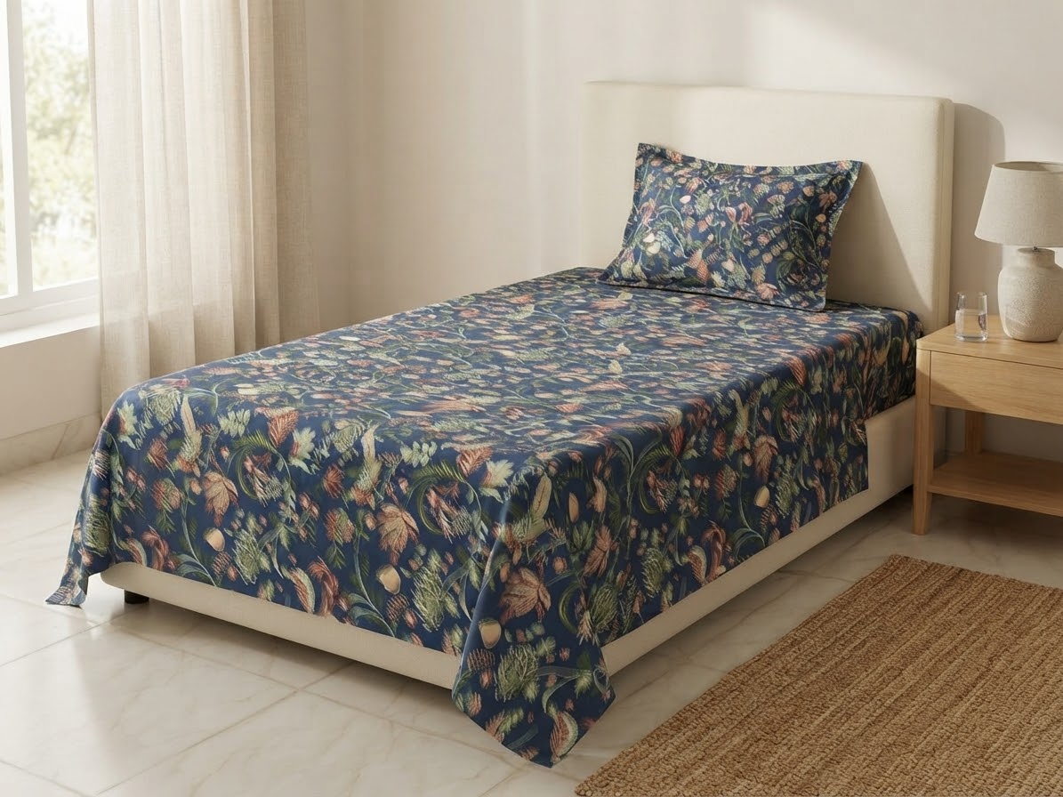 Navy Blue Botanical Printed Bedsheet - 100% Cotton