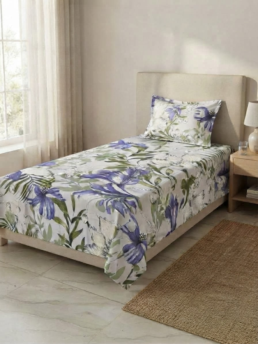 Cream & Purple Floral Bedsheet - 100% Cotton