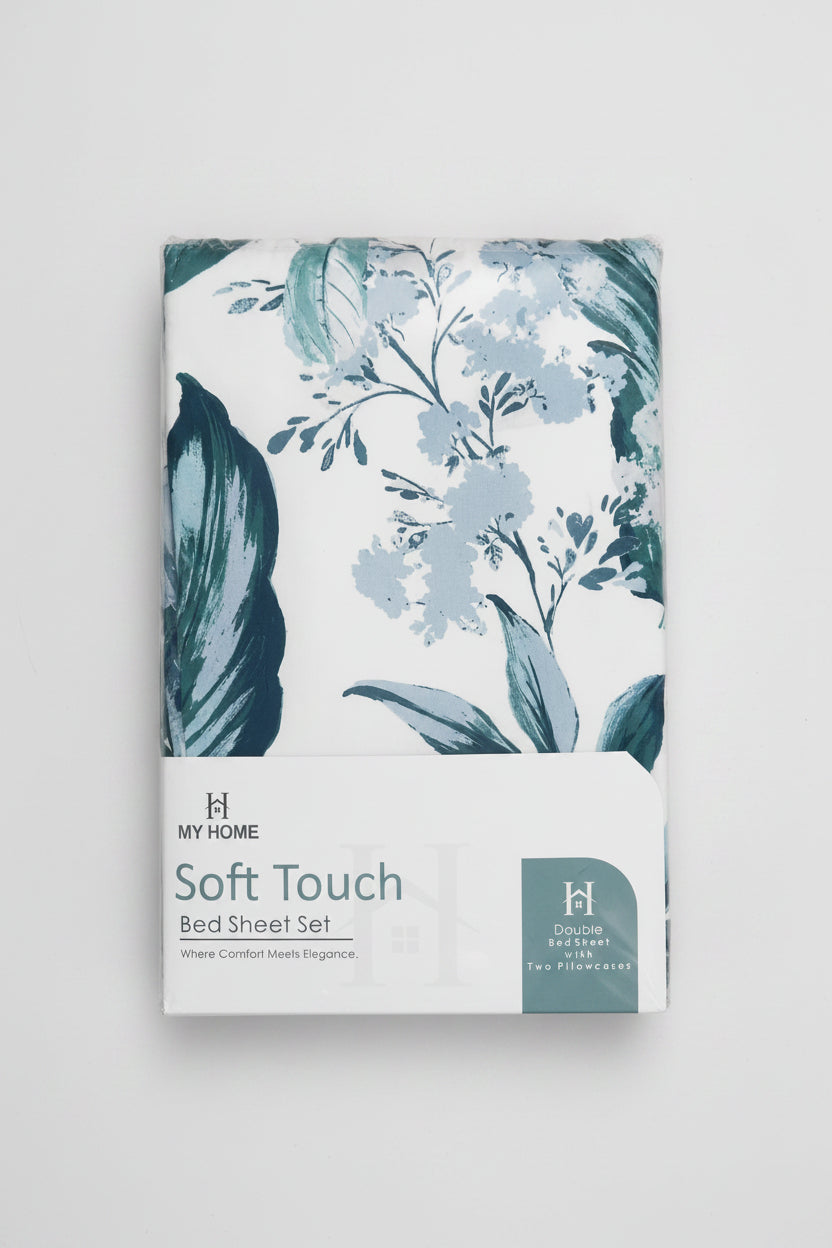 Tropical Floral Bedsheet Set – Blue & White 100% Cotton