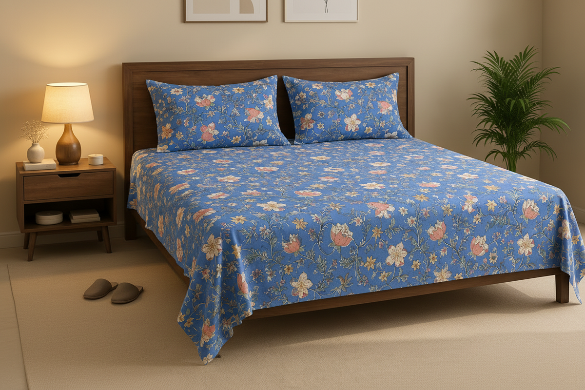 Blue Garden Bloom Double Bedsheet Set with vibrant blue floral print featuring pink roses and white daisies, styled on a dark wood double bed with matching pillow covers