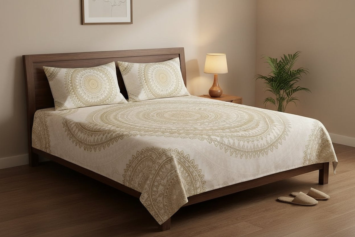 Golden Mandala Double Bedsheet Set with large intricate golden mandala print on ivory white background, styled on a dark wood double bed with matching pillow covers
