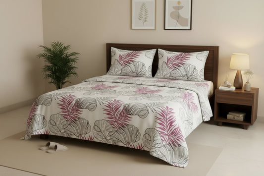Pink Fern Sketch Double Bedsheet Set with fuchsia pink fern fronds and grey monstera leaf sketch print on white background, styled on a dark wood double bed with matching pillow covers