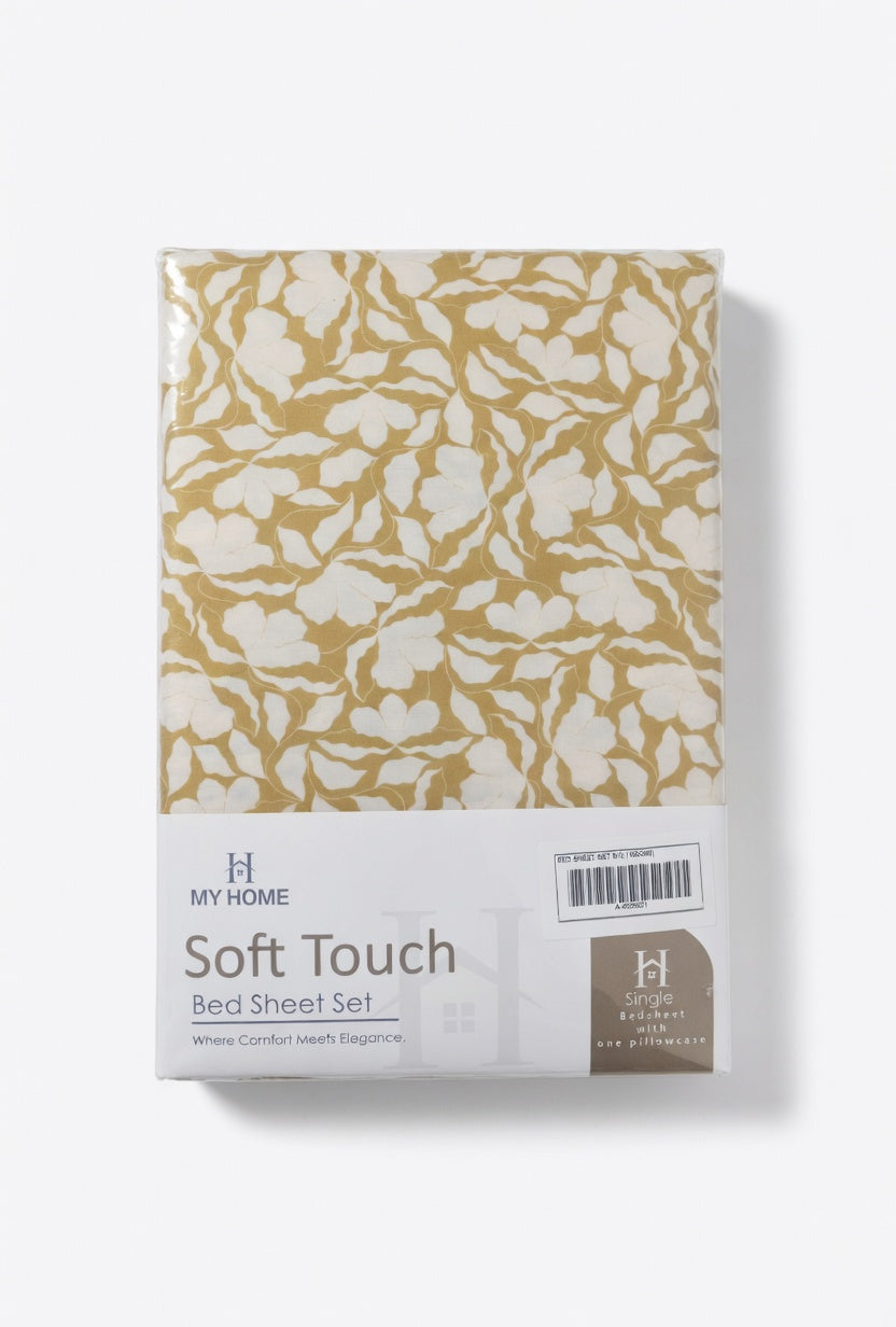 My Home Soft Touch Floral Bed Sheet Set – Single, gold and cream floral print packaging
