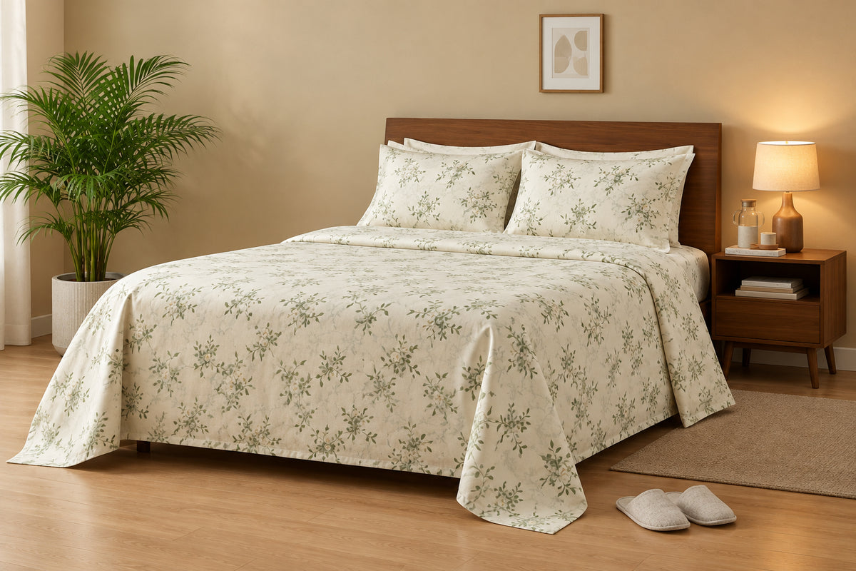 Ivory Floral Sprig Bedsheet - 100% Cotton