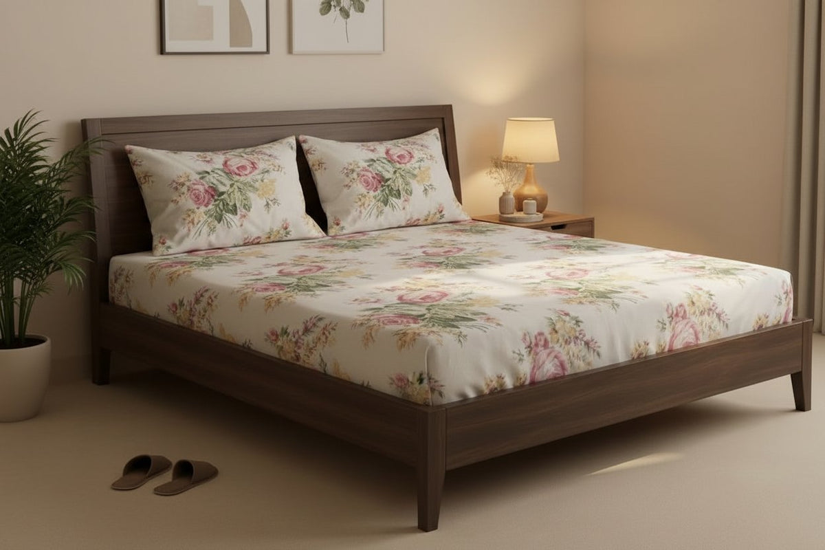 Vintage Rose King Bedsheet Set with watercolor pink rose and cream peony bouquet print on white, styled on a dark wood king bed with two matching pillow covers