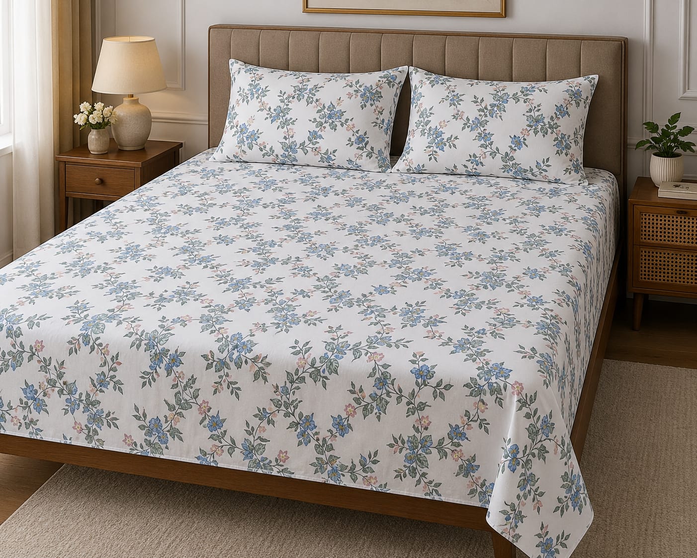 Floral Vine Bed Sheet Set – Blue & White 100% Cotton