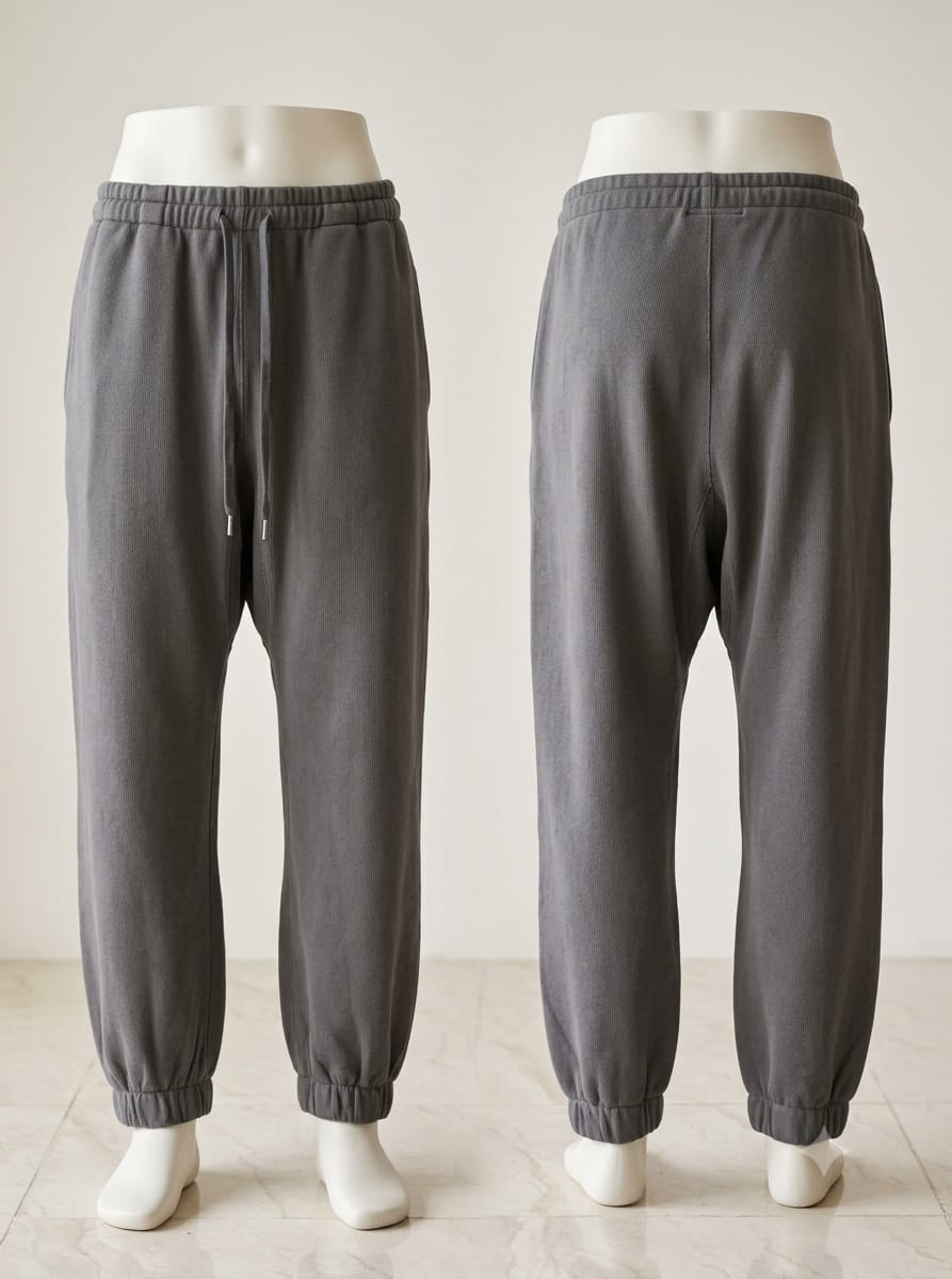 Front and back views of grey jogger trousers with a drawstring waist, side pockets, and gathered ankle cuffs