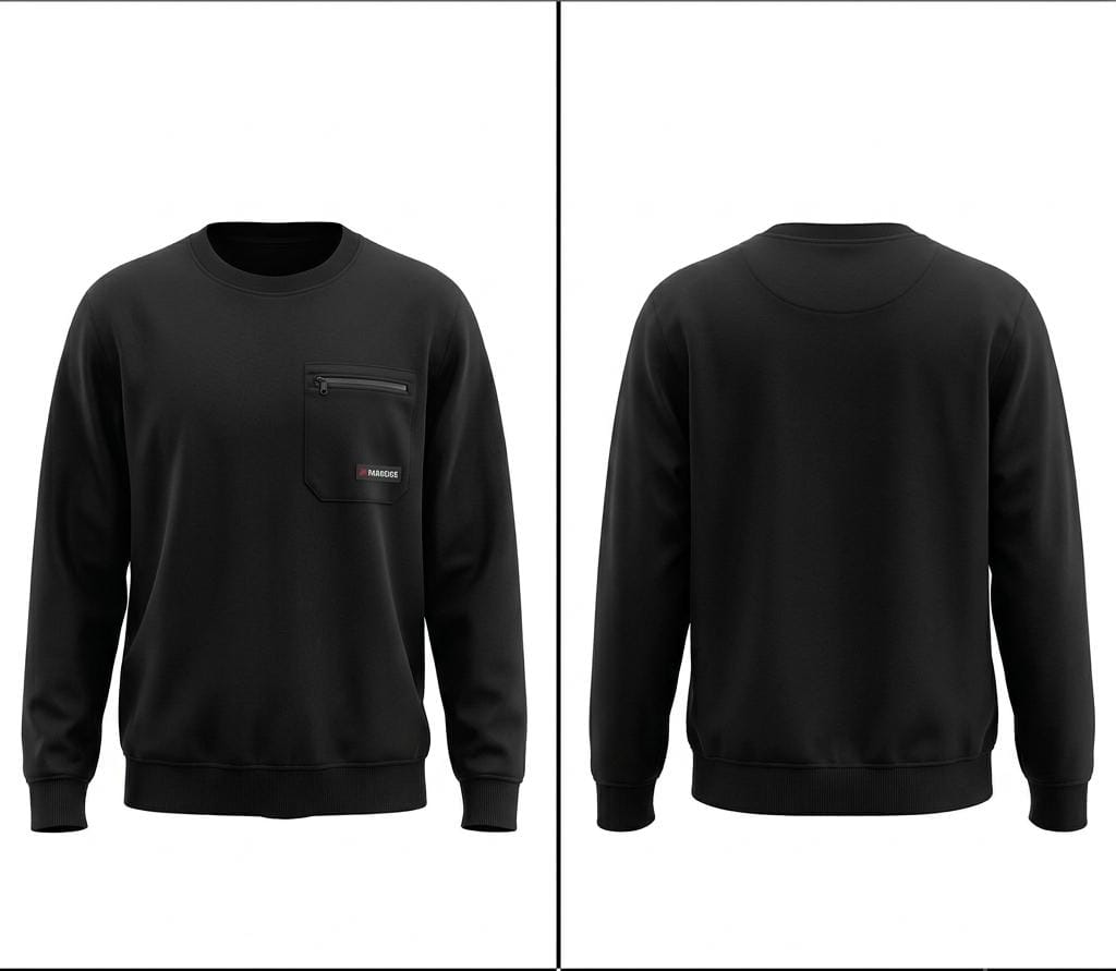 Front and back of black crew neck sweatshirt with zip chest pocket, ribbed cuffs and hem