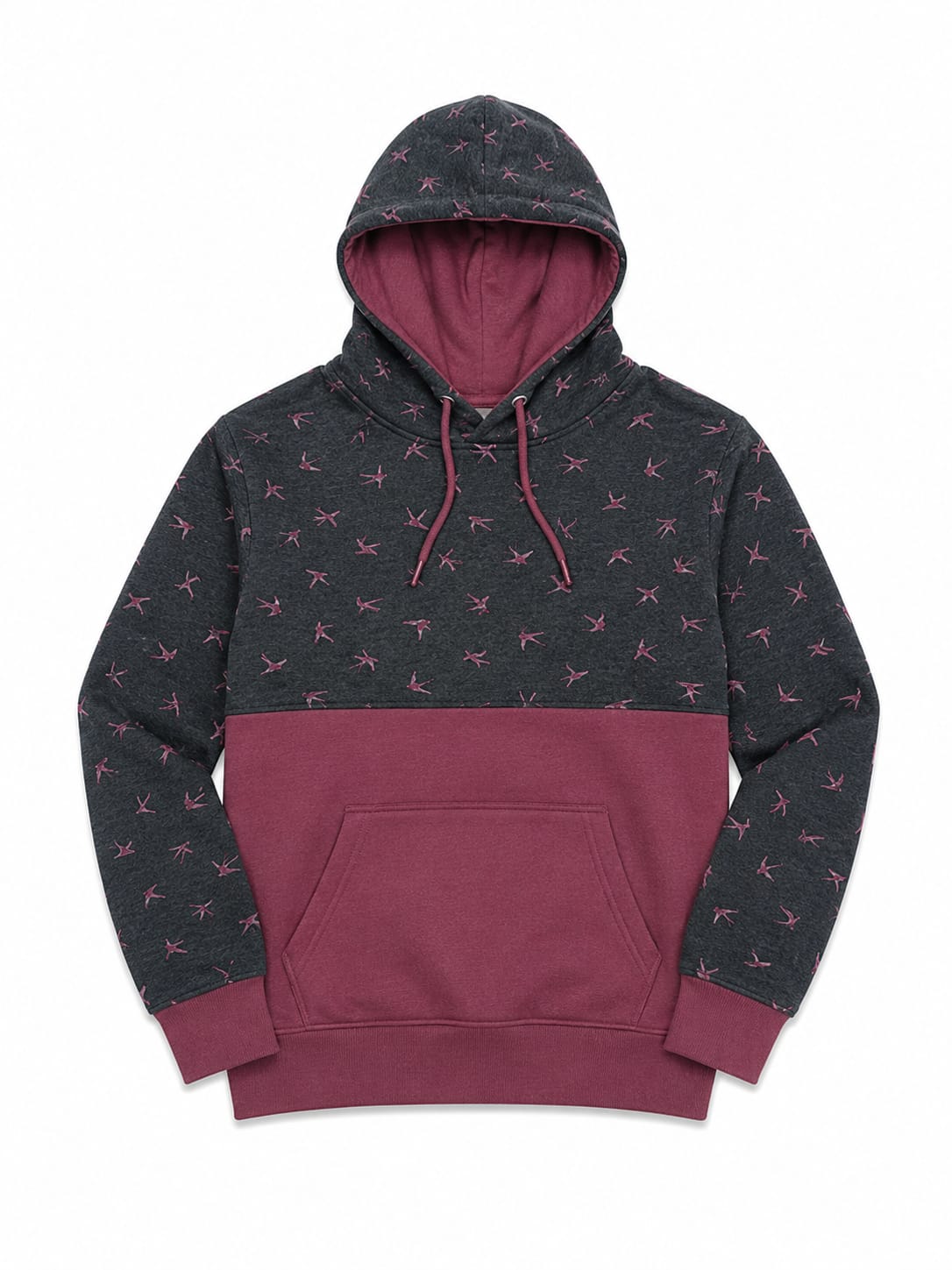 Bird Print Colorblock Hoodie – Charcoal & Maroon Cotton Hoodie
