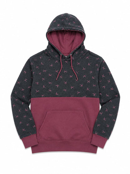 Bird Print Colorblock Hoodie – Charcoal & Maroon Cotton Hoodie
