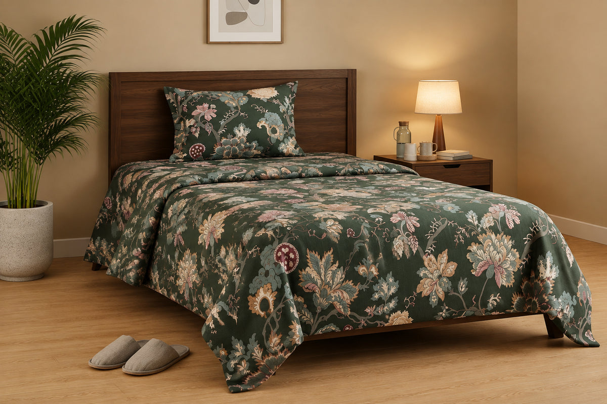Dark Green Floral Printed Bedsheet 100% Cotton