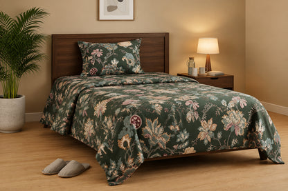 Dark Green Floral Printed Bedsheet 100% Cotton