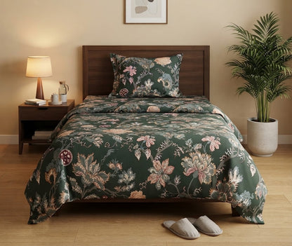 Dark Green Floral Printed Bedsheet 100% Cotton