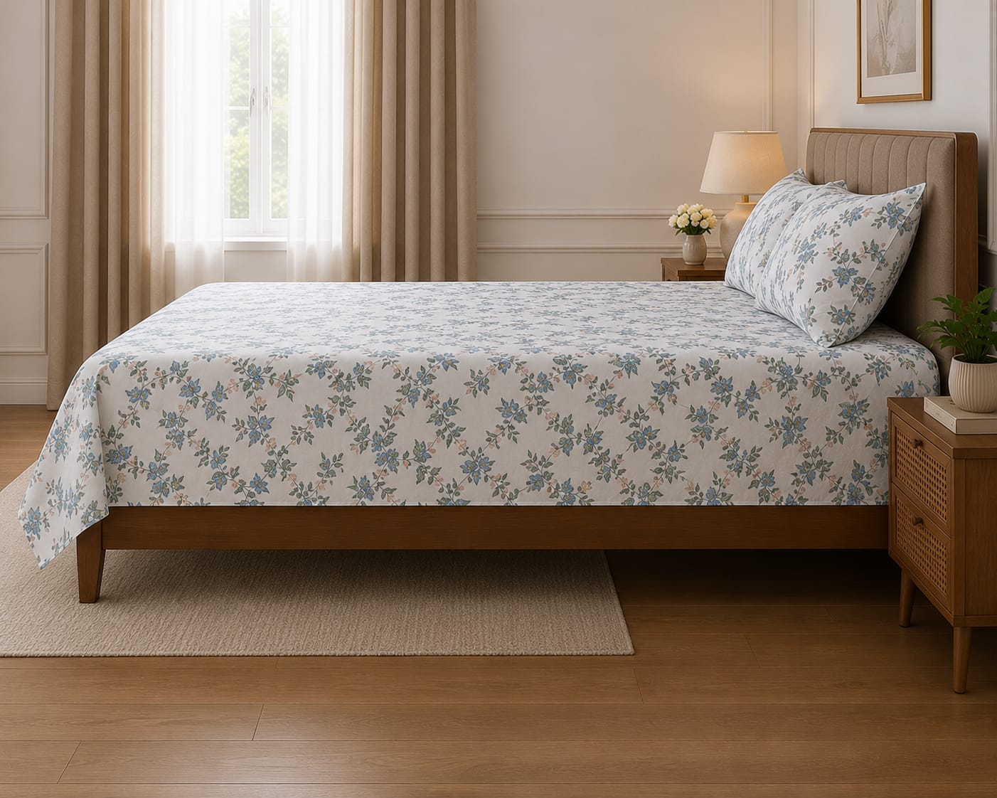 Floral Vine Bed Sheet Set – Blue & White 100% Cotton