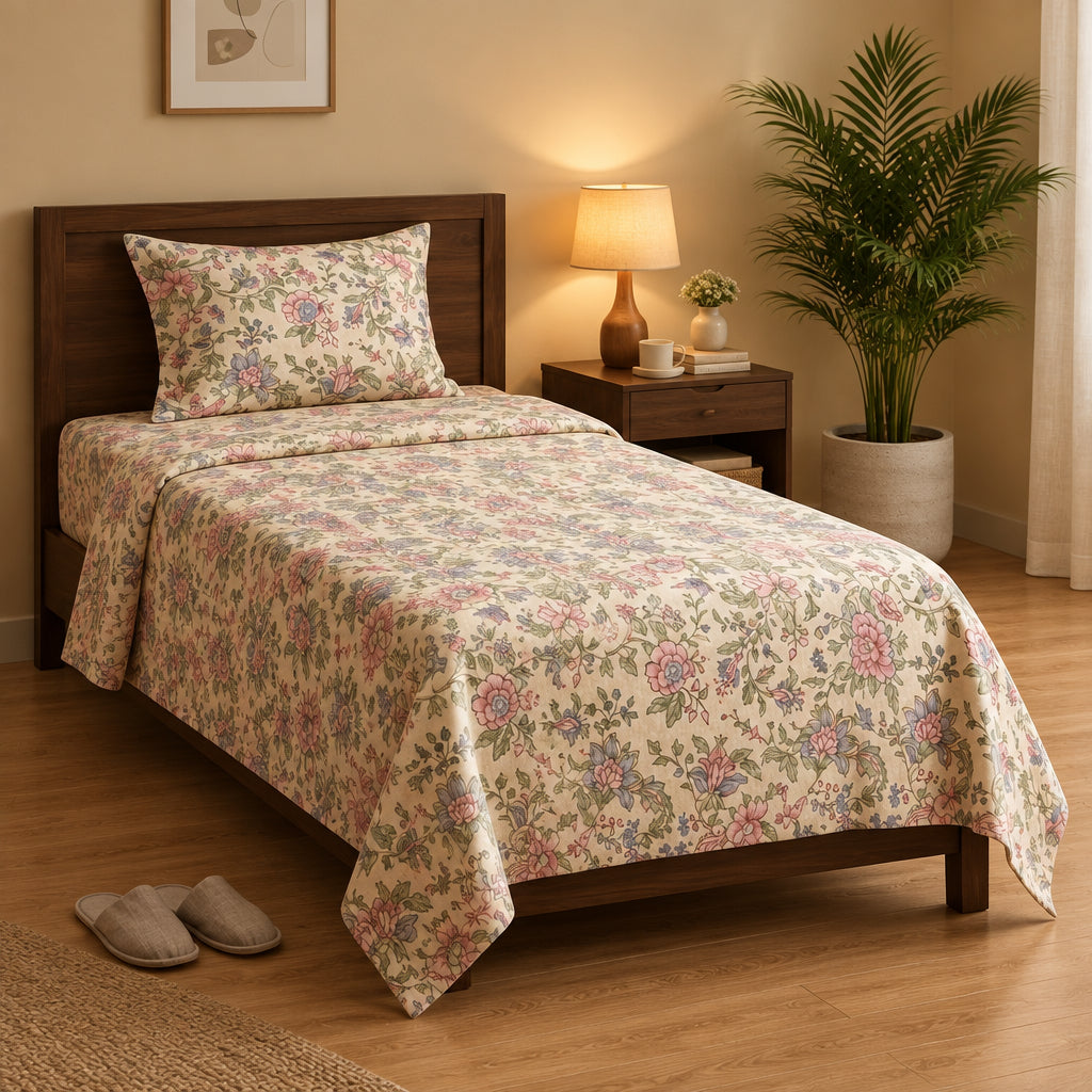Cream Floral Printed Bedsheet  100% Cotton