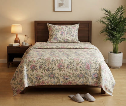 Cream Floral Printed Bedsheet  100% Cotton