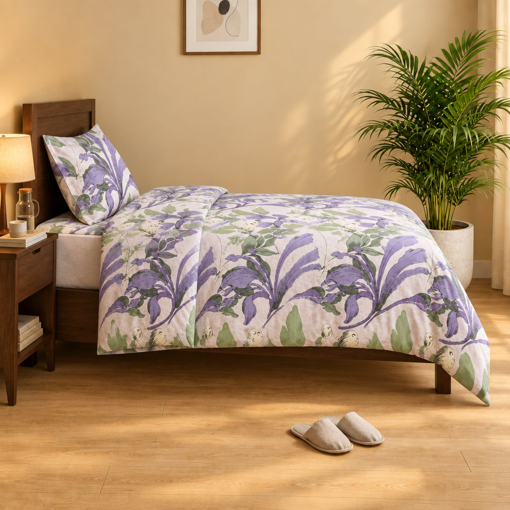 Purple & Green Botanical Printed Bedsheet 100% Cotton
