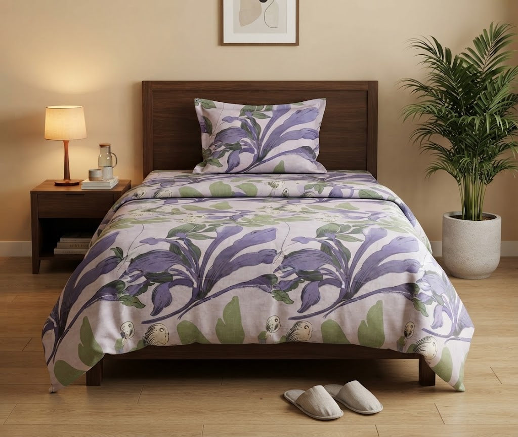Purple & Green Botanical Printed Bedsheet 100% Cotton