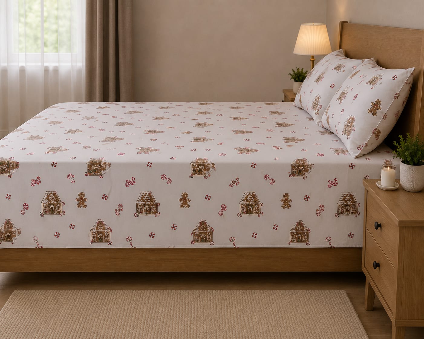 Gingerbread House Bed Sheet Set – Festive Christmas Print 100% Cotton