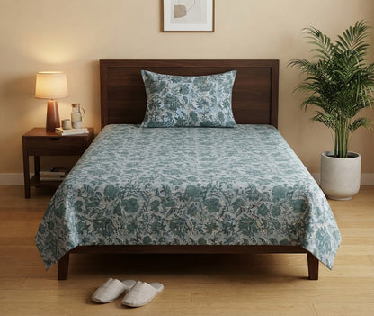Blue-Green Floral Printed Bedsheet – 100% Cotton