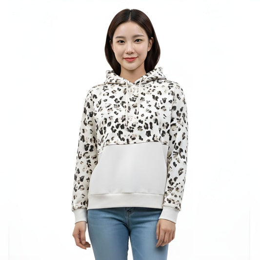 Women's Leopard Print Colorblock Hoodie – Off-White Cotton