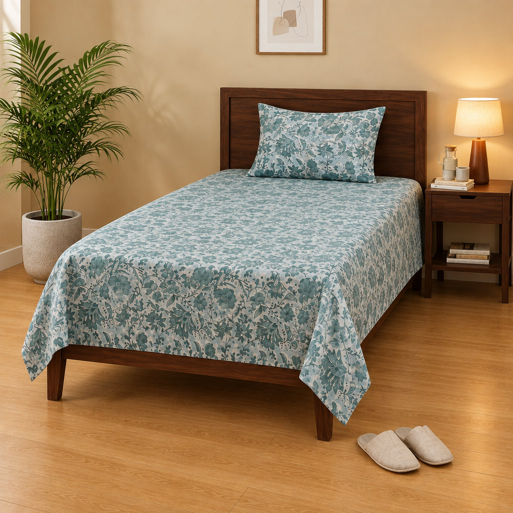 Blue-Green Floral Printed Bedsheet – 100% Cotton