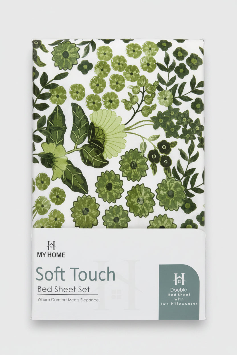 Green Botanical Floral & Bird Printed Bedsheet Set with 2 Pillowcases 100% Cotton
