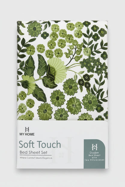 Green Botanical Floral & Bird Printed Bedsheet Set with 2 Pillowcases 100% Cotton