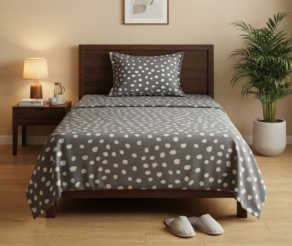 Grey Polka Dot Printed Bedsheet - 100% Cotton