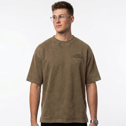 Daily Essentials Acid Wash Oversized T-Shirt – Olive Brown Cotton
