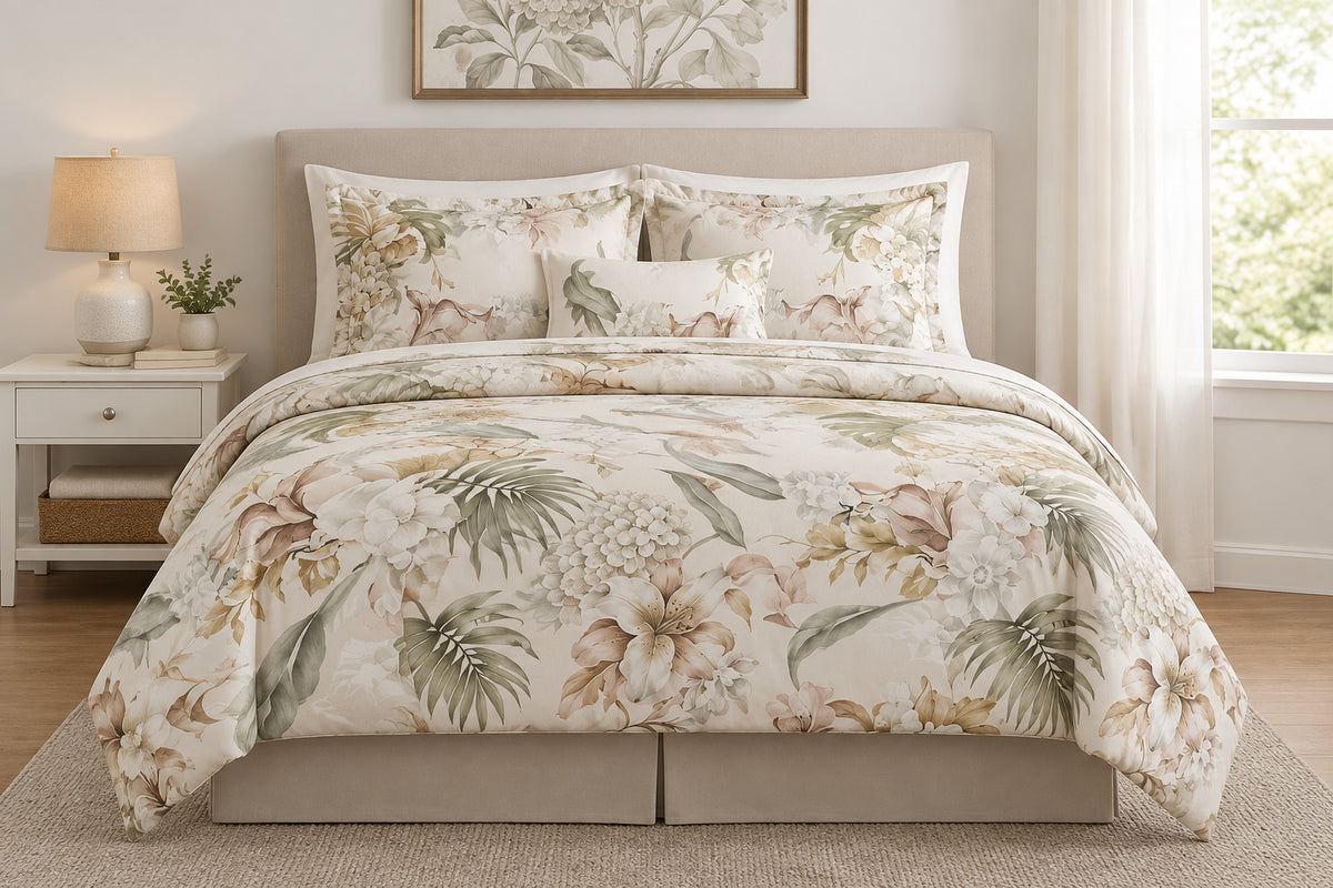 Ivory Botanical Floral Comforter - 100% Cotton Fabric