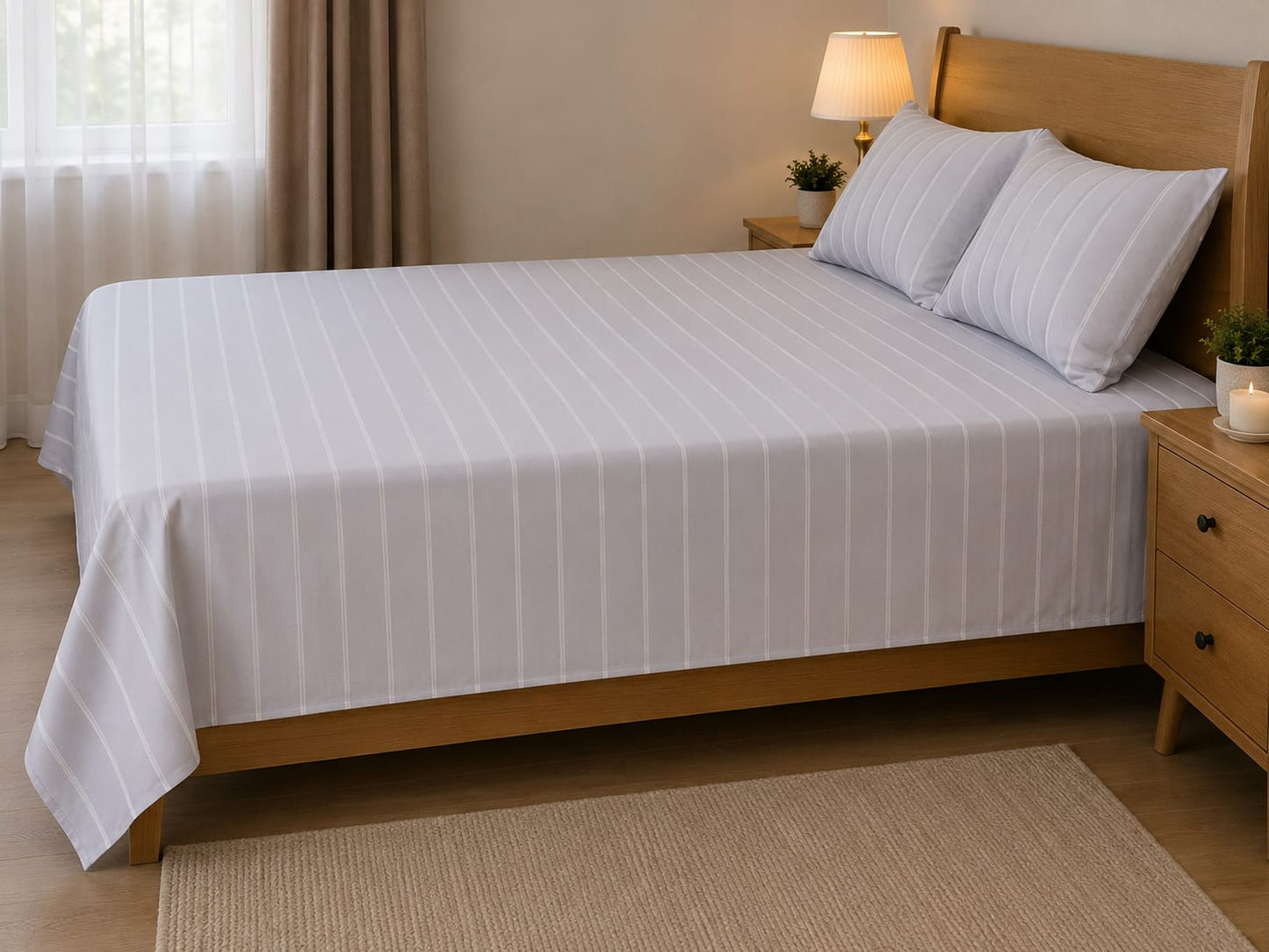 Classic Stripe Bed Sheet Set – Light Grey & White 100% Cotton