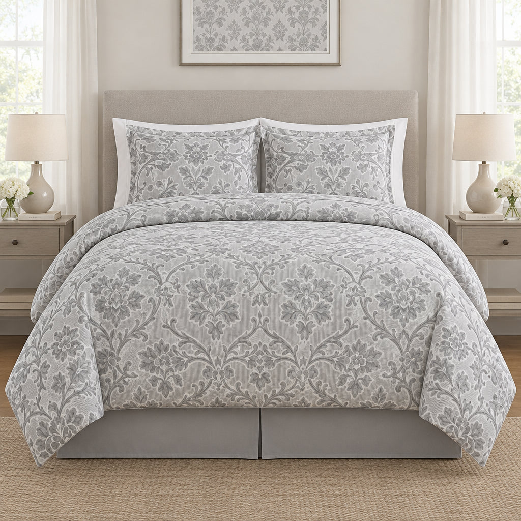 Silver Grey Floral Scroll Comforter - 100% Cotton Fabric