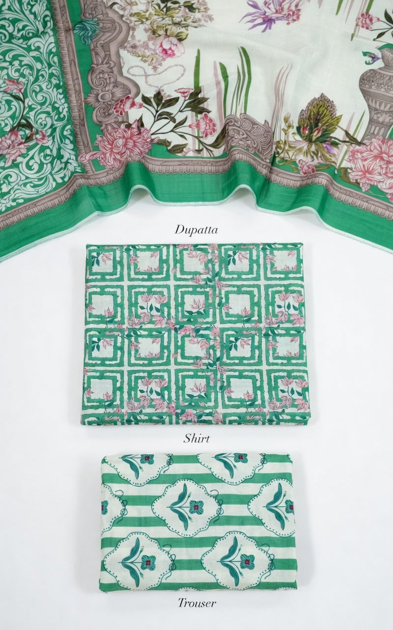 Green printed 3-piece Pakistani suit with dupatta, shirt and trouser