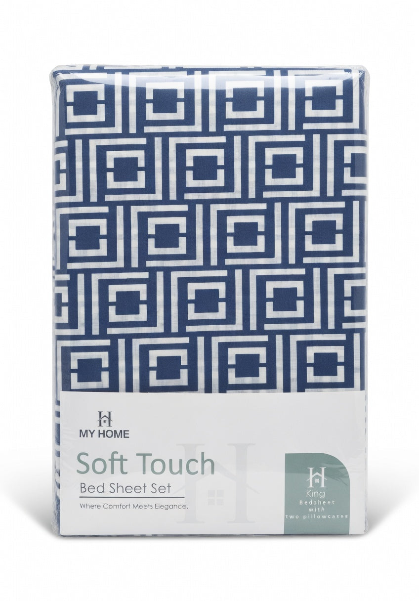 100% Cotton Soft Touch Bed Sheet Set Blue Geometric