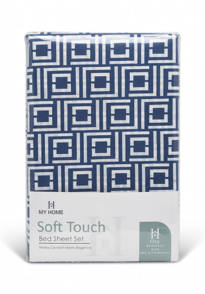 100% Cotton Soft Touch Bed Sheet Set Blue Geometric