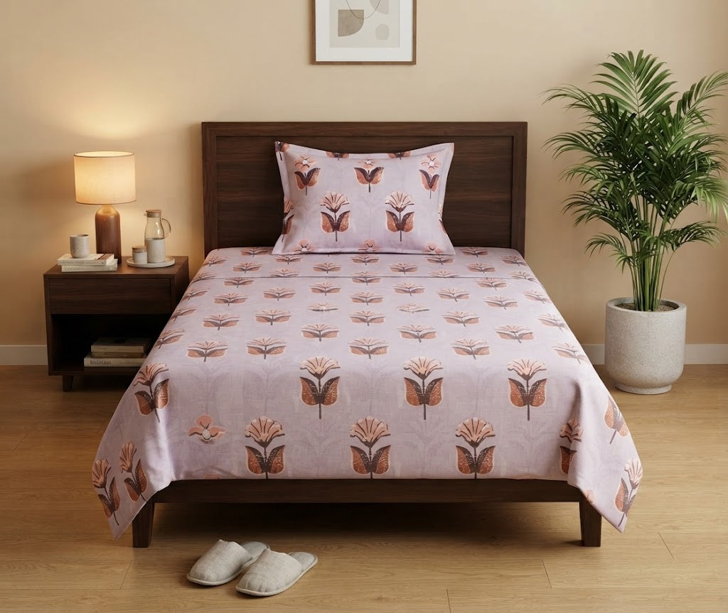 Blush Pink Floral Printed Bedsheet - 100% Cotton