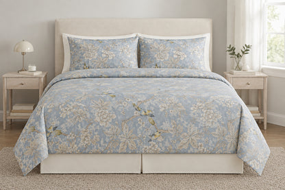 Blue Grey Floral & Bird Comforter - 100% Cotton Fabric