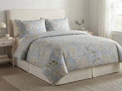 Blue Grey Floral & Bird Comforter - 100% Cotton Fabric
