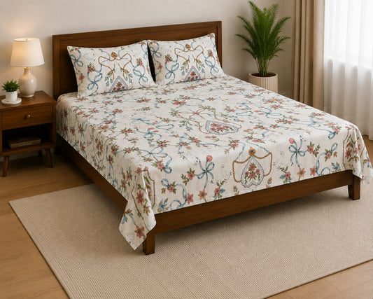 Soft Touch Floral Vine Bed Sheet Set (With 2 Pillowcases) 100% Cotton