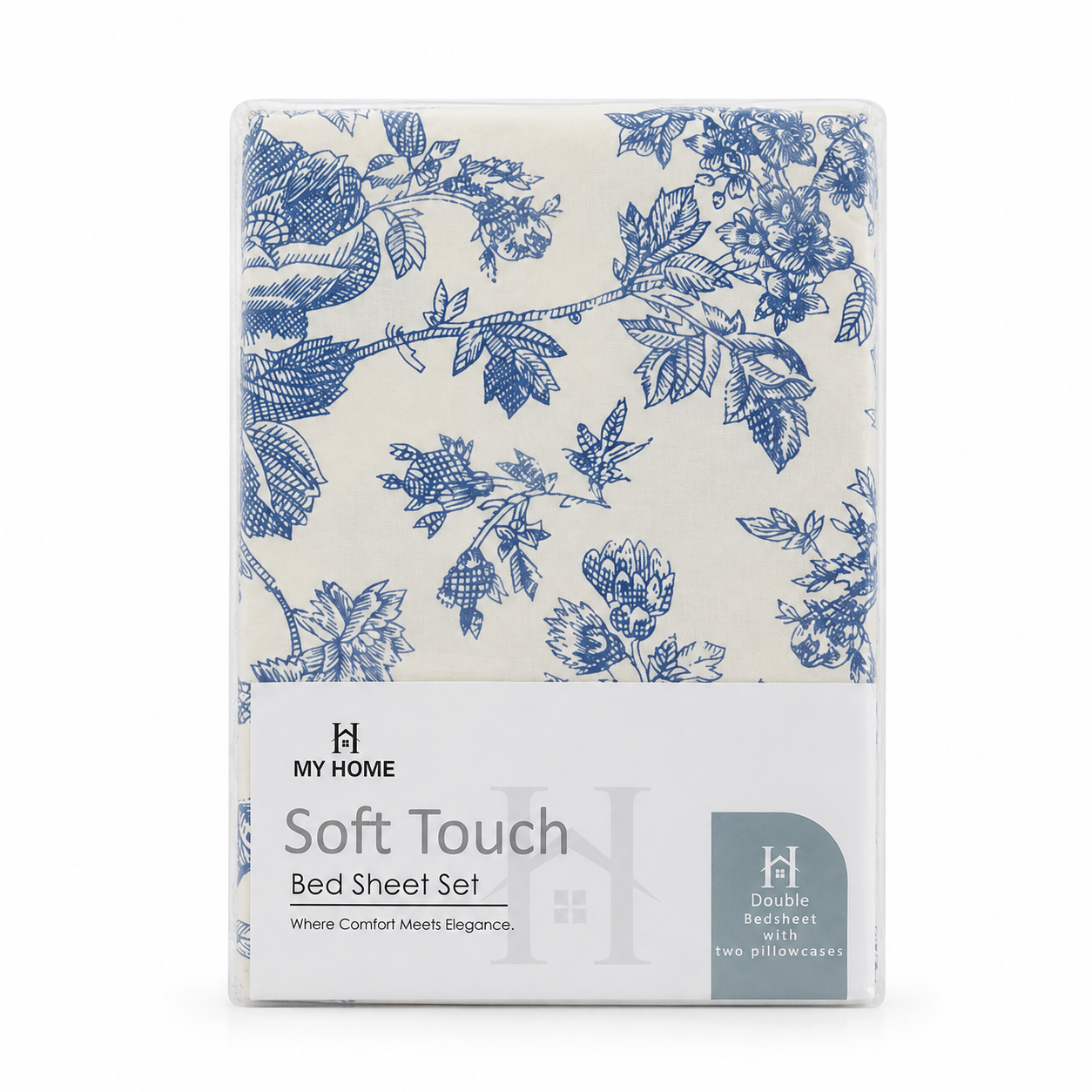 My Home Soft Touch Bed Sheet Set – Blue Toile Floral Print 100% Cotton